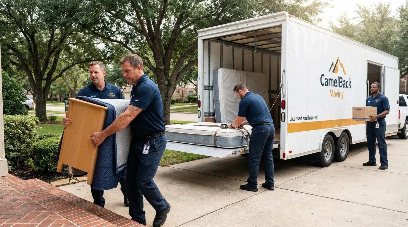 Crew loading residential truck for cross-state move from Waterloo, IL