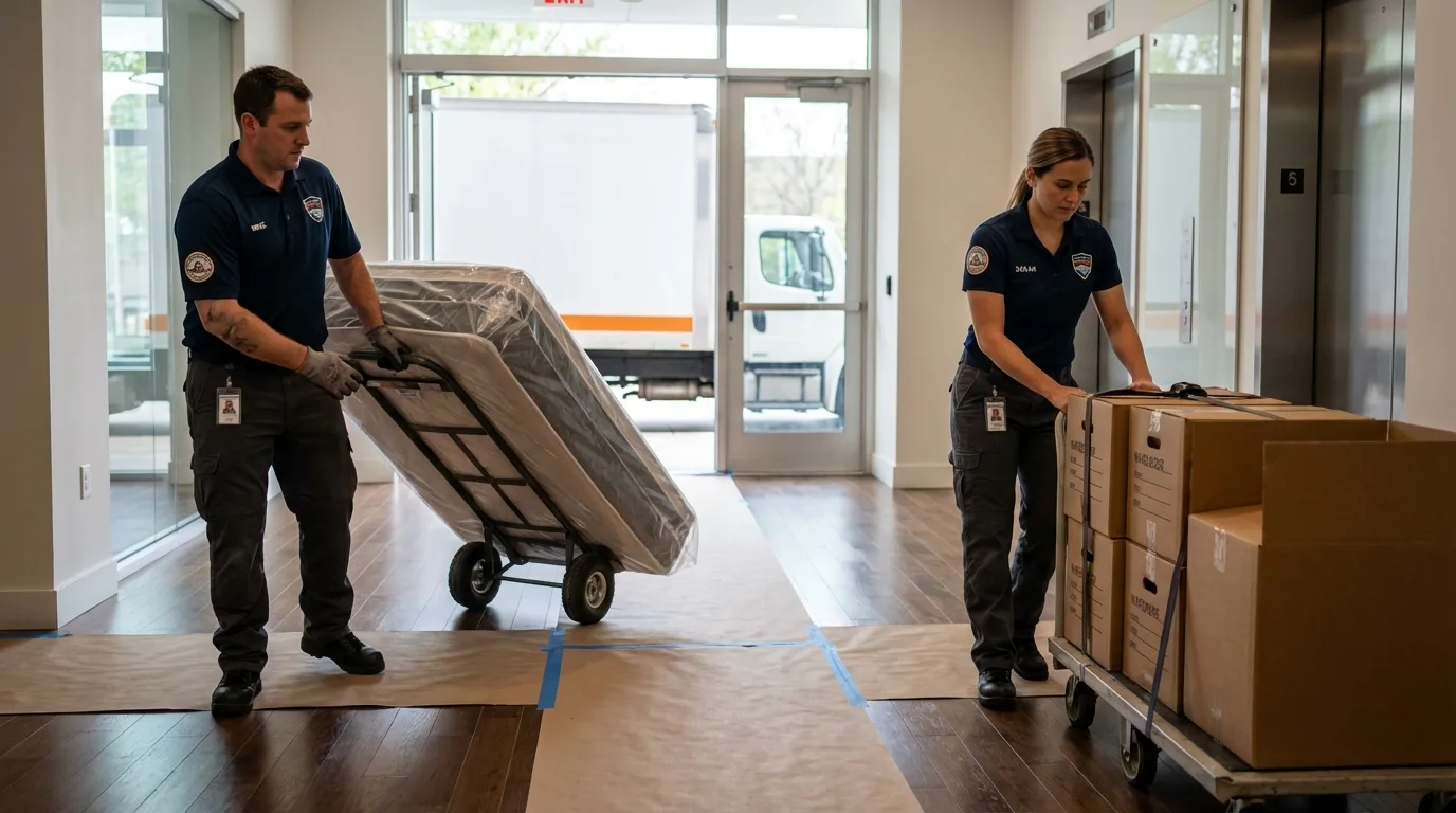 Professional apartment movers loading elevator in Waterloo, IL